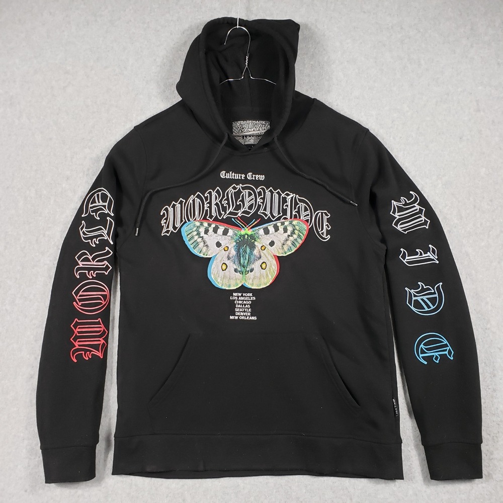 CULTURE CREW Black Butterfly Graphic Hoodie Mens L Streetwear‎ Y2K Retro
